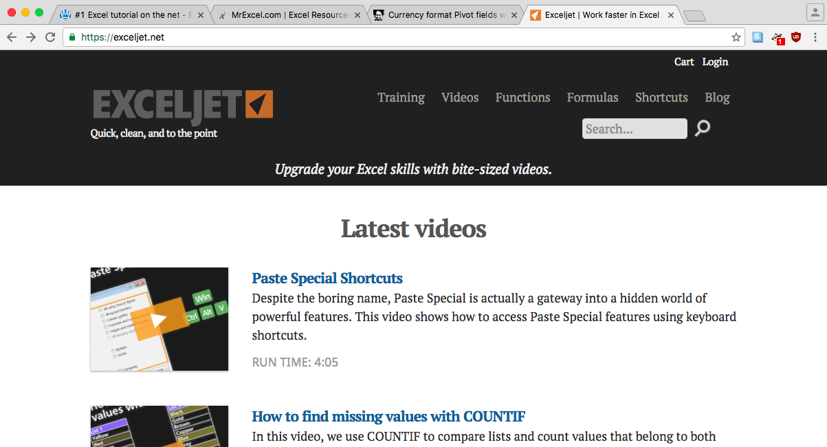 exceljet website contains short and clear videos about learning excel