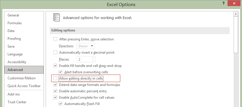 change editing options in excel setting